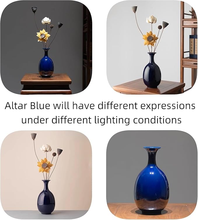 Ceramic Vase Handmade for Modern Home Decor Office Bookshelf Tables Living Room Bedroom Shelf Decor Entryway Dry Flower Arrangement Ornament (Altar Blue Without Flowers)