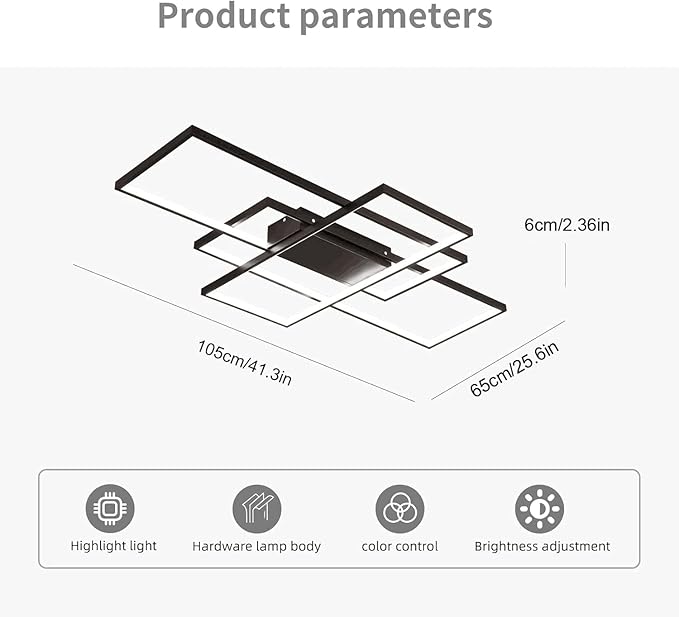 GEADI Modern Extra Large LED Ceiling Lights, Black Dimmable Rectangular Chandelier 68W Flush Mount Ceiling Lamp with Remote 3 Squares Ceiling Light Fixtures for Living Dining Room Kitchen, 41.3in