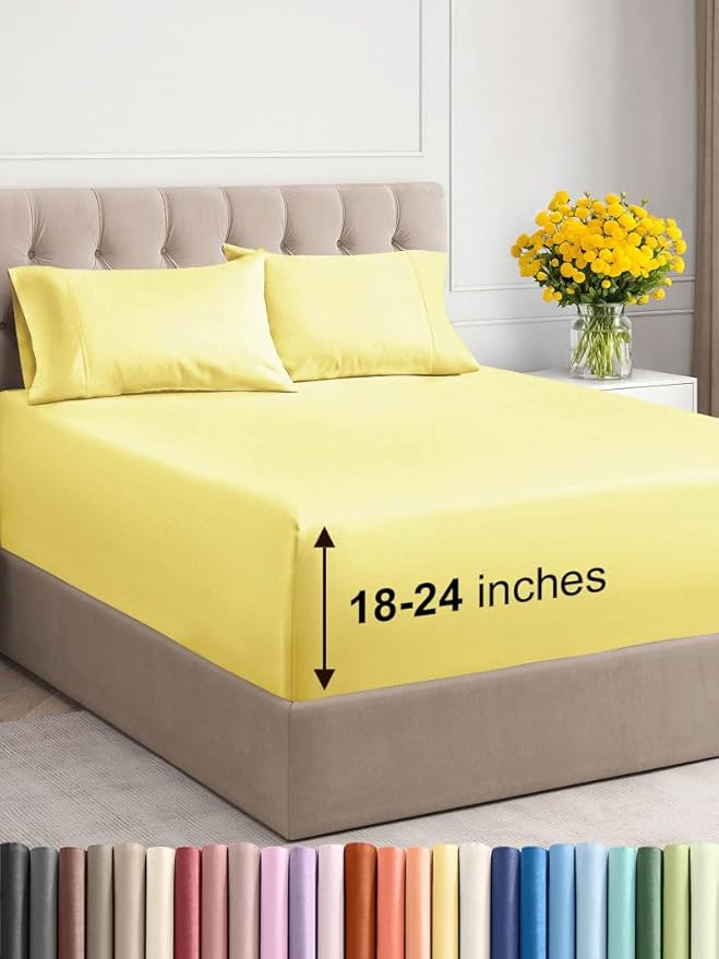Extra Deep Twin XL Sheet Set - 4 Piece Breathable & Cooling Sheets - Hotel Luxury Bed Sheets Set - Easy & Secure Fit - Soft, Wrinkle Free & Comfy Sheets Set - Yellow Sheet Set with Extra Deep Pockets