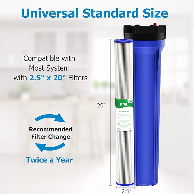 20 Micron 20-Inch Whole House Water Filter Replacement Cartridge, Pleated Sediment Water Filters 2.5" x 20" for Well Water, Compatible with ECP20-20, 255487-43, SPC-25-2020, 6 Pack