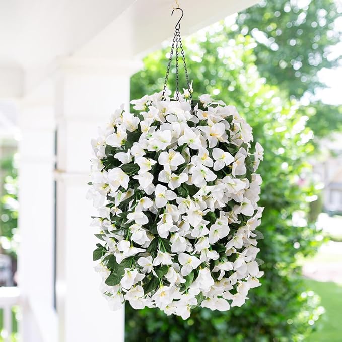 Artificial Faux Bougainvillea Flowers Plants for Outdoor Outside Summer Decoration, 2 PCS Fake Silk UV Resistant Look Real Long Trailing Vines for Front Door Porch Planter Urn Patio Balcony, White