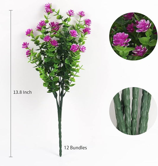 RECUTMS Artificial Flowers Outdoor UV Resistant Fake Plants Indoor Outside Hanging Planter, 12 Bundles Outdoor Fake Flowers UV Resistant Faux Plastic Plants Garden Porch Window Box Décor(Fuchsia)