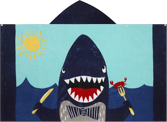 BANGSAUR Kids Hooded Beach Bath Towels, 100% Cotton 50"x30" Wrap Towel, Toddlers Boys 3-12 Years Coverup Towel Shark with Knife and Fork