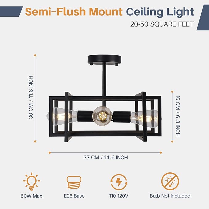Industrial Semi Flush Mount Ceiling Light Fixture,4-Light Kichen Light Fixture Ceiling Mount,Farmhouse Chandelier,Modern Black Ceiling Light for Dining Room, Bedroom, Hallway