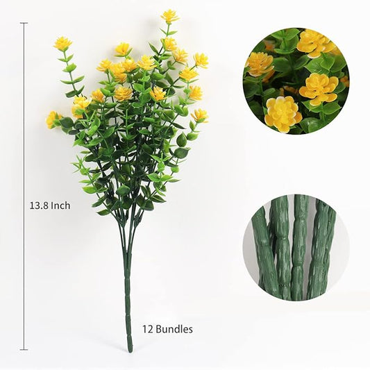 RECUTMS 12 Bundles Outdoor Artificial Flowers UV Resistant Fake Boxwood Plants, Faux Greenery for Indoor Outside Hanging Plants Garden Porch Window Box Home Wedding Farmhouse Décor(Yellow)