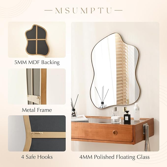 Irregular Wall Mirror Brass Wave Shaped Matel Framed Wall Mirror for Bathroom Bedroom Entryway Living Room Wall Decor 28" L x 20" W 2304G