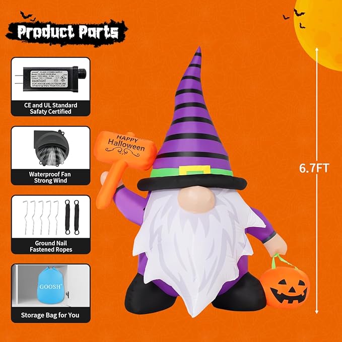 GOOSH 6.7 FT Halloween Gnome Inflatables with Pumpkin Outdoor Decorations Gnome Blow Up Yard Built-in LED Lights for Halloween Party Indoor Outdoor Yard Garden