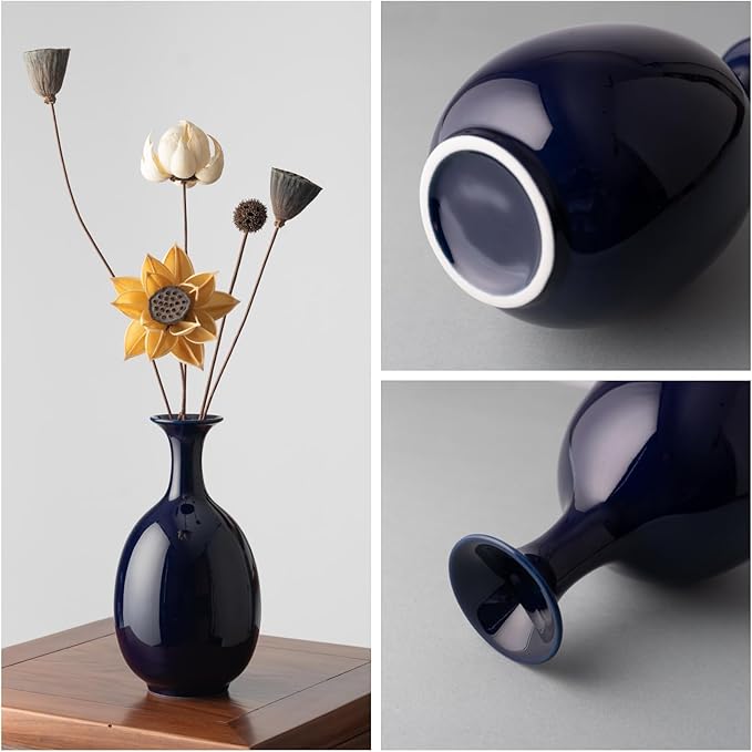 Altar Blue Ceramic Vase with Dried Flowers, Handmade in Jingdezhen for Modern Home Decor Office Bookshelf Tables Living Room Bedroom Shelf Decor Entryway Dry Flower Arrangement Ornament