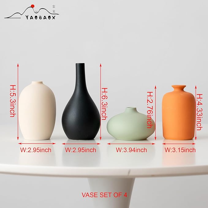 Small Matte Ceramic Vase Set of 4 - Rustic Farmhouse Decorative Vases for Shelf,Office, Home & Bohemian Style - Modern Decor Design Living Room, Table, Mantel,Colorful Unique Flower Vases