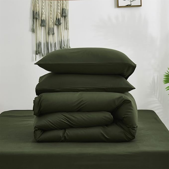 Cottonight Army Green 3 Pcs Comforter Set, Twin Bed Bedding Set with Microfiber Fill, Olive Green Quilt, Fashion Solid Color, Unisex, Minimalist, Summer Fall Winter All Seasons, Machine Wash