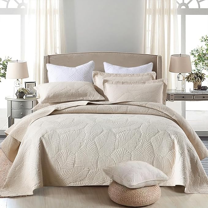 mixinni Beige Tropical Palm Tree Queen Size Quilt Set Soft Cotton Bedspread Coverlet Bed Cover-Queen Size