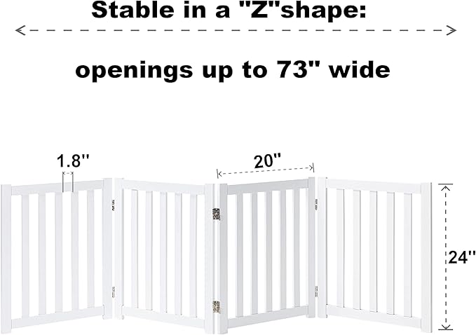 LZRS 4-Panel Wooden Free Standing Foldable Dog Gate – 24" High, Extra Wide Step-Over Safety Pet Gate for Doorways, Stairs, Hallways, Large Spaces & Playpen for Puppies Indoor Use, White