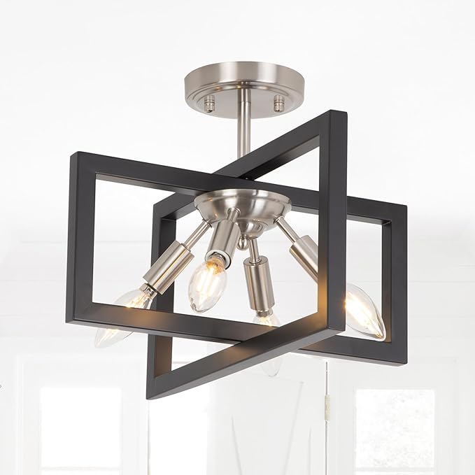 Semi-Flush Mount Ceiling Light - Modern Industrial Light Fixture Black and Brushed Nickel Chandelier,4-Light Farmhouse Ceiling Lamp for Kitchen Foyer Entryway Hallway Bedroom Closet