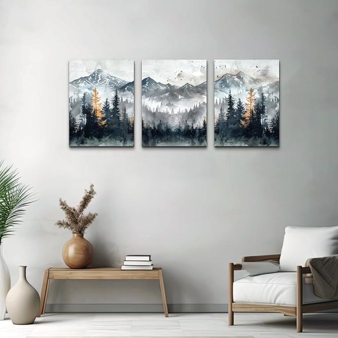 DZRWUBHS Canvas Wall Art for Bedroom Modern Wall Decor for Living Room Office Decorations Mountain Landscape Wall Pictures Foggy Forest Vintage Paintings Artwork Bathroom Home Decor Prints 3 Piece