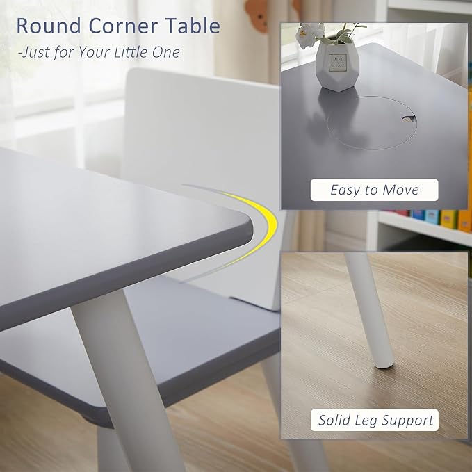 VECELO Activity Table and 2 Chair Set with Hidden Mesh Storage, Durable Playroom Furniture, Modern Design, Easy Assembly, Grey