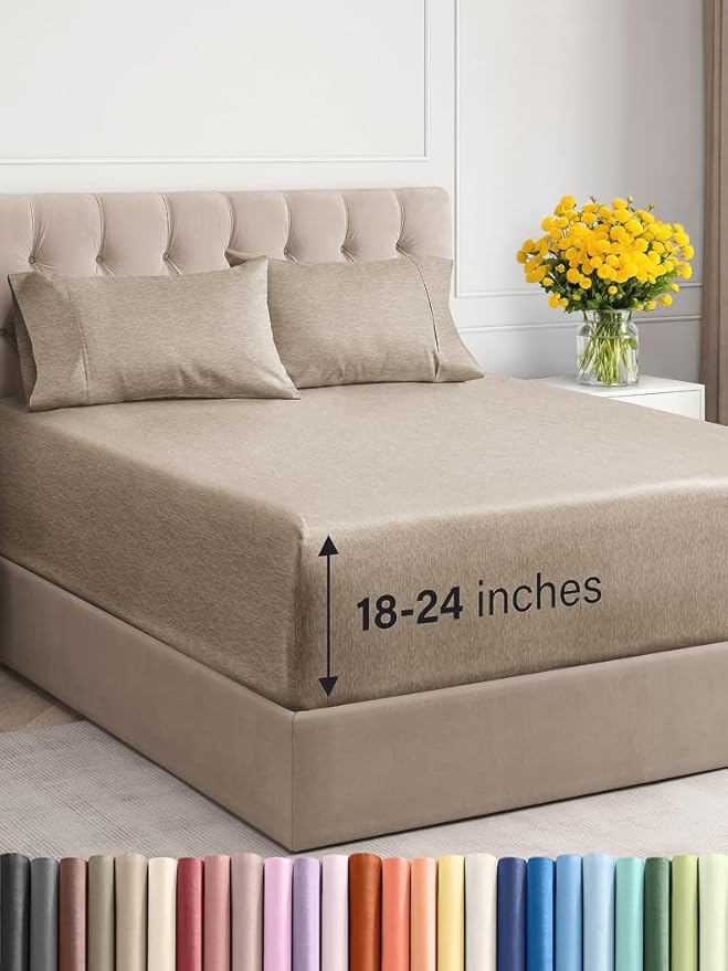 Extra Deep Twin Sheet Set - 4 Piece Breathable and Cooling Sheets - Hotel Luxury Bed Sheets Set - Easy Fit - Soft, Wrinkle Free and Comfy Sheets Set - Heathered Beige Sheet Set with Extra Deep Pockets