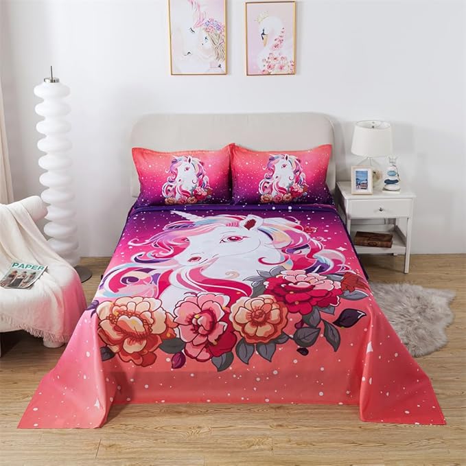 qjmiaofang Unicorn Sheets Full Girls Pink Unicorn Bed Sheet Set 3Pieces Rainbow Sheets Princess Unicorn Fitted Sheet Flowers Unicorn Flat Sheet with 1 Flat Sheet 1 Fitted Sheet 2 Pillow Shams