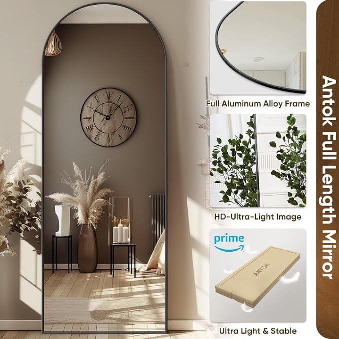 Full Length Mirror, 58"x19" Arch Floor Mirror, Floor Standing Mirror Freestanding Arch Full Body Mirrors with Stand for Bedroom, Hanging Mounted Mirrors for Living Room Cloakroom, Black