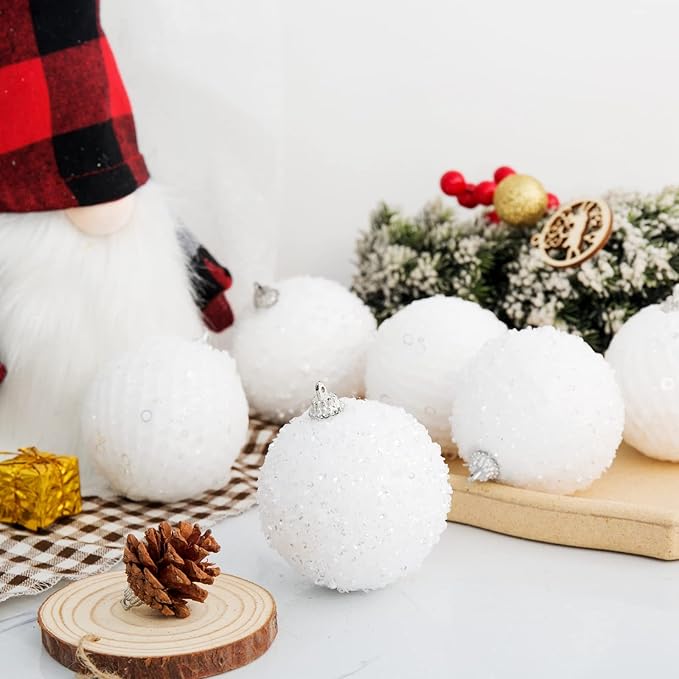 3.15" Christmas Ball Ornaments Glitter Shatterproof Christmas Tree Ornaments Sequin Xmas Hanging Balls Decorations for Wedding Party Holiday(White, 12pc-8cm)