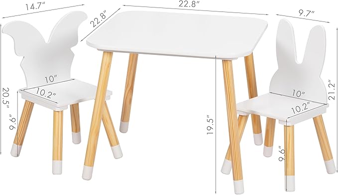 UTEX Kids Table with 2 Chairs Set, Kids Table and Chair Set,3 Piece Kiddy Table and Chair Set, Toddler Table and Chairs, White