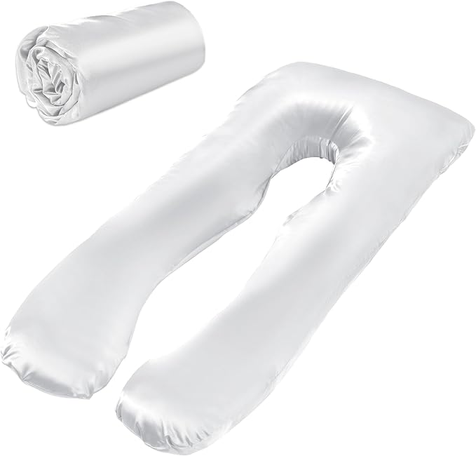 HOMBYS Silky Satin Pregnancy Pillow Cover (ONLY Pillowcase), Luxurious Smooth Maternity Pillow Cover, U Shaped Soft & Breathable Large Pillow Protector for Side Sleeper, 60.8" L x 31.5" W, White