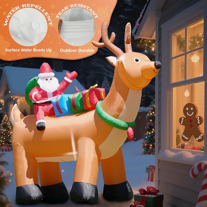 GARIG 10FT Christmas Inflatables Reindeer and Santa Claus Outdoor Decorations, Christmas Blow Up Yard Decorations with Built-in LEDs for Xmax Outdoor Party, Yard, Garden