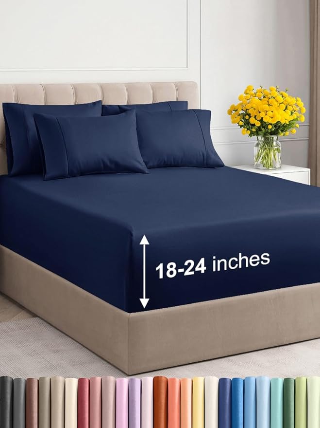 Extra Deep Queen Sheet Set - 6 Piece Breathable & Cooling Sheets - Hotel Luxury Bed Sheets Set - Easy & Secure Fit - Soft, Wrinkle Free & Comfy Sheets Set - Navy Blue Sheet Set with Extra Deep Pockets