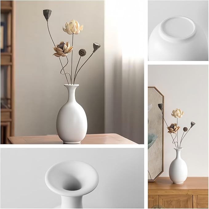 White Ceramic Vase with Dried Flowers, Handmade in Jingdezhen, for Modern Home Decor Office Bookshelf Tables Living Room Bedroom Shelf Decor Entryway Dry Flower Arrangement Ornament