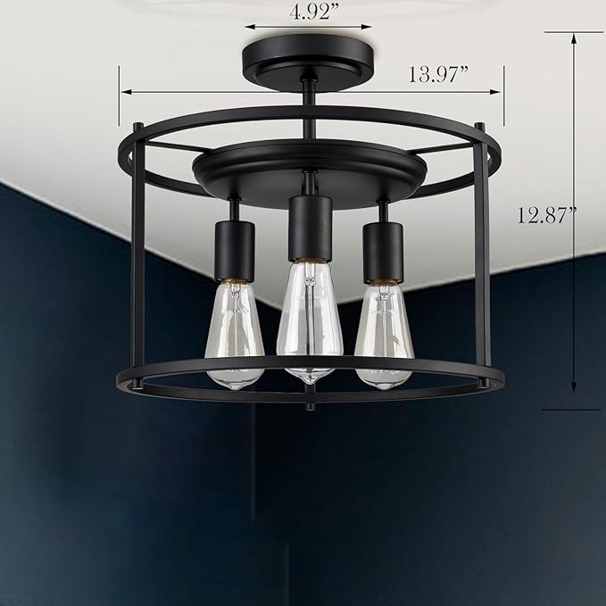 Farmhouse Semi Flush Mount Ceiling Light Industrial Kitchen Ceiling Light Matte Black for Bedroom, Living Room, Hallway, Entryway, Proch