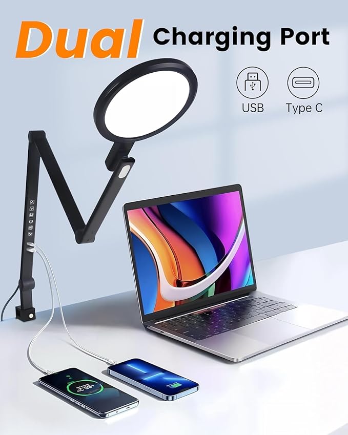 1200LM Desk Lamp with Clamp, Eye Care Desk Lights for Home Office with USB Charging Ports, Flexible Ring Light with Swing Arm for Video Conference Zoom Streaming