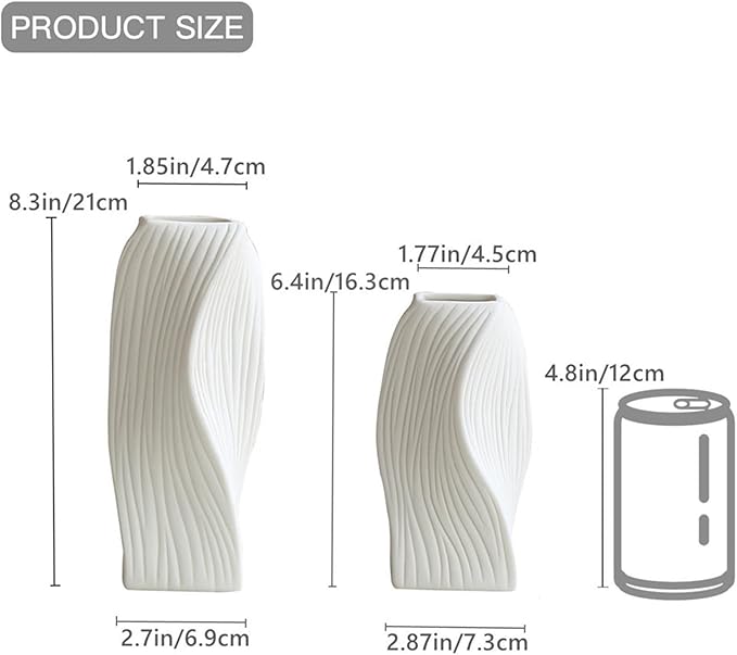 White Ceramic Vase Set of 2 for Modern Home Decor, Geometric Ribbed Fluted Textured Vases Pampas Grass Neutral Nordic Boho Minimalist Flower Vase for Living Room Bedroom Wedding Dining Table Office