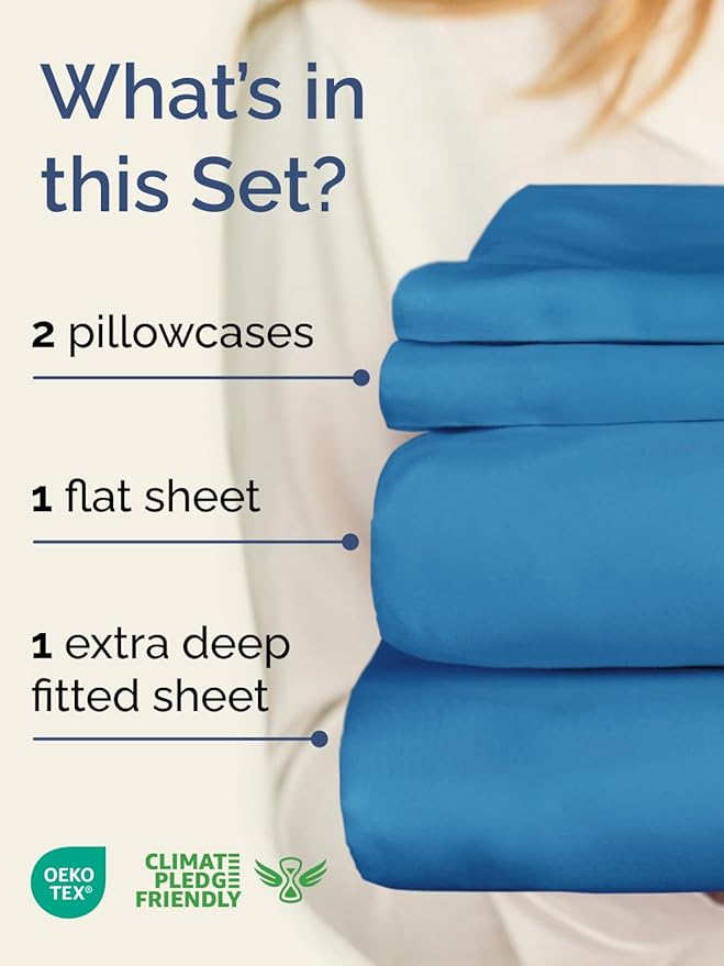 Extra Deep Twin XL Sheet Set - 4 Piece Breathable and Cooling Sheets - Hotel Luxury Bed Sheets Set - Easy Fit - Soft, Wrinkle Free and Comfy Sheets Set - Denim Blue Sheet Set with Extra Deep Pockets