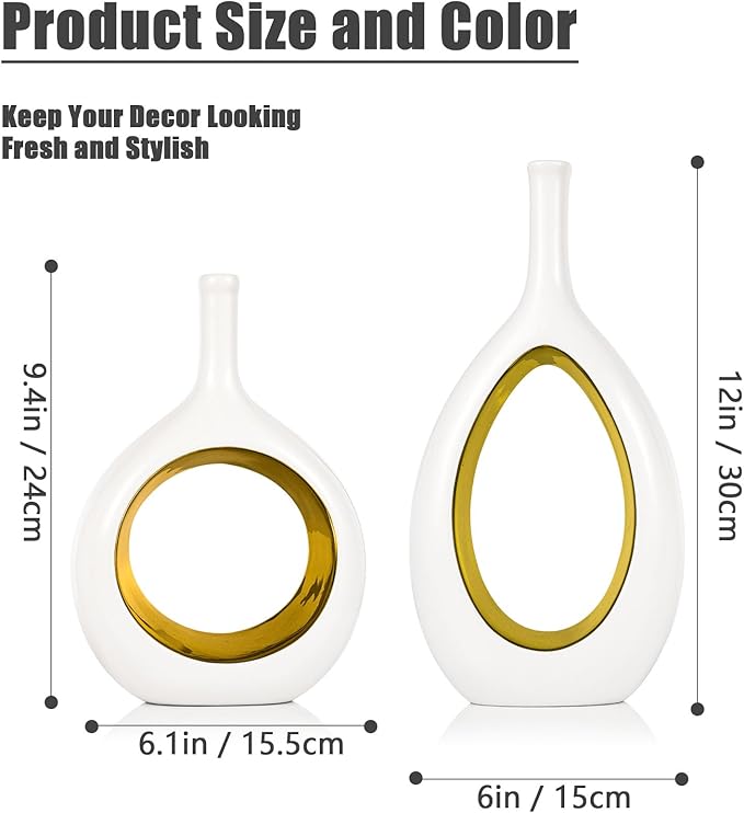 White Gold Ceramic Vase Set 2,Modern Hollow Circle with Hole Flower Vase for Home Decor,for Table Centerpieces,Farmhouse,Fire Place,Living Room,Bedroom,Office,Bookshelf,Rustic Decor