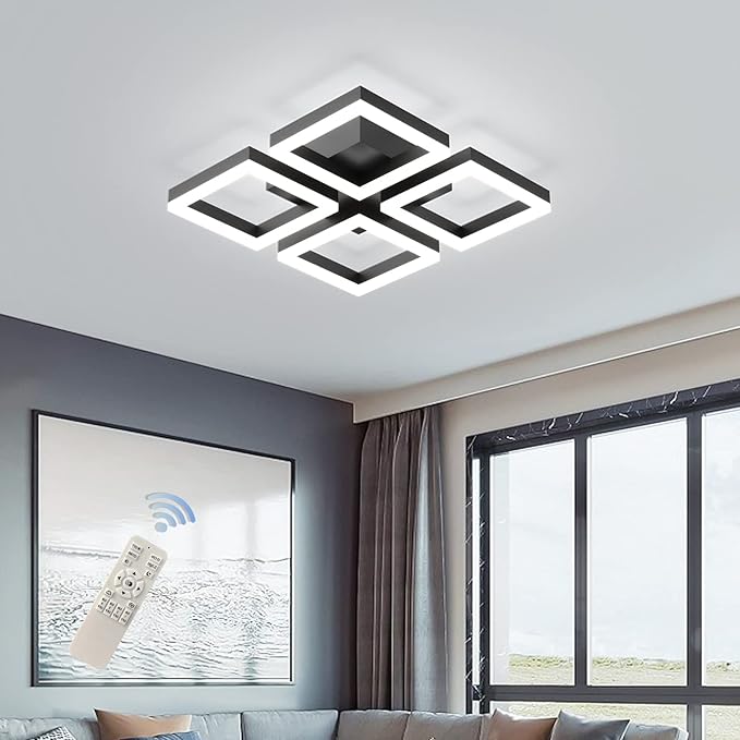 GEADI Led Ceiling Light, Modern 4-Square Ceiling Lamp 52W Dimmable Flush Mount Ceiling Chandelier for Living Dining Room Bedroom Kitchen, Black