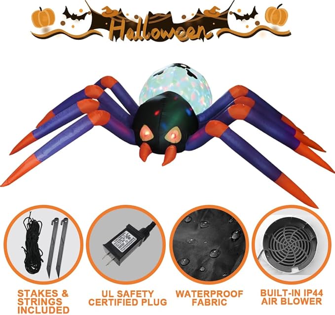 12FT Halloween Inflatables Spider, Halloween Outdoor Inflatable Decoration Blow Up Spider Yard Decoration with Build in LED Light for Halloween Holiday Party Patio Lawn Yard Garden