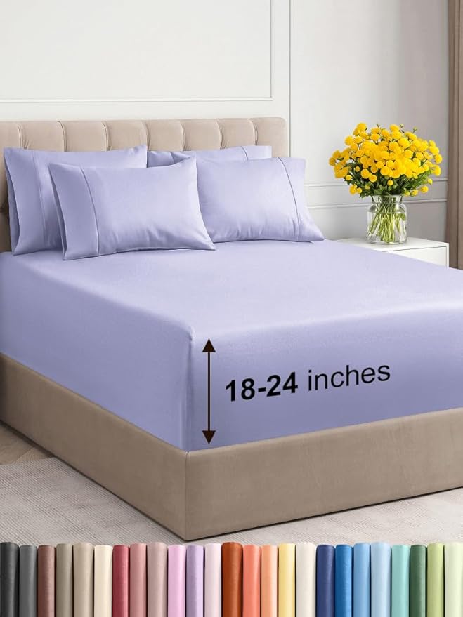 Extra Deep Queen Sheet Set - 6 Piece Breathable & Cooling Sheets - Hotel Luxury Bed Sheets Set - Easy & Secure Fit - Soft, Wrinkle Free & Comfy Sheets Set - Lavender Sheet Set with Extra Deep Pockets