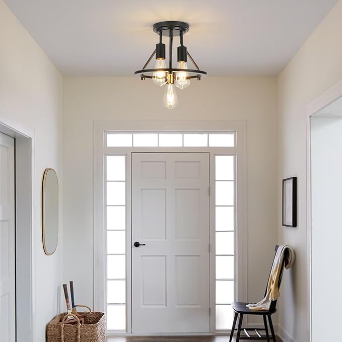WILON Semi Flush Mount Ceiling Light 3-Light Ceiling Light Fixtures - Black Hallway Light Fixtures Farmhouse Industrial Kitchen Light Fixtures E26 Socket Ceiling Lamp for Foyer