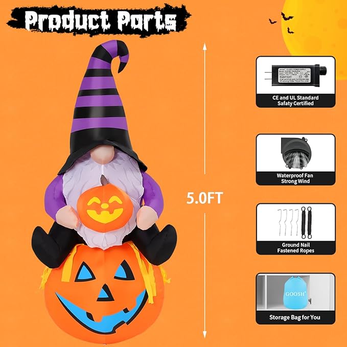 GOOSH 5 FT Halloween Gnome Inflatable with Pumpkin Outdoor Decorations Gnome Blow Up Yard Built-in LEDs for Garden Lawn Indoor Party Decor