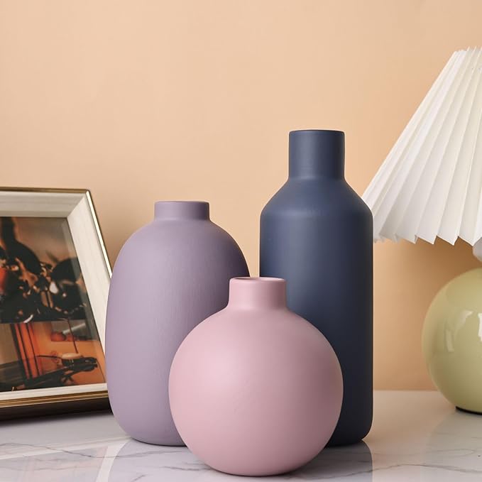 Small Ceramic Modern Farmhouse Vase,Purple Pink Blue Vase,Minimalist Vases Home Decor,Organic Modern Home Decor for Table,Living Room,Bookshelf,Entryway Drinking Fireplace Décor,Set of 3 (A)