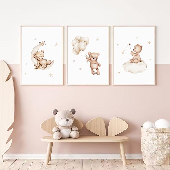 Bear Nursery Wall Art Decor Set of 3 Teddy Bear Canvas Wall Art Baby Boy Nursery Decor Prints Neutral Pictures Moon Star Cloud Print for Girls Children Room 16x24 Inch Unframed