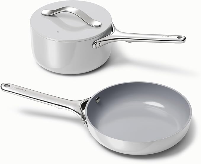 Caraway Mini Cookware Set - Non-Stick Ceramic Fry Pan (1.05 qt, 8") & Sauce Pan (1.75 qt) - Non Toxic, PTFE & PFOA Free - Oven Safe & Stovetop Agnostic (Gas, Electric & Induction) - Gray