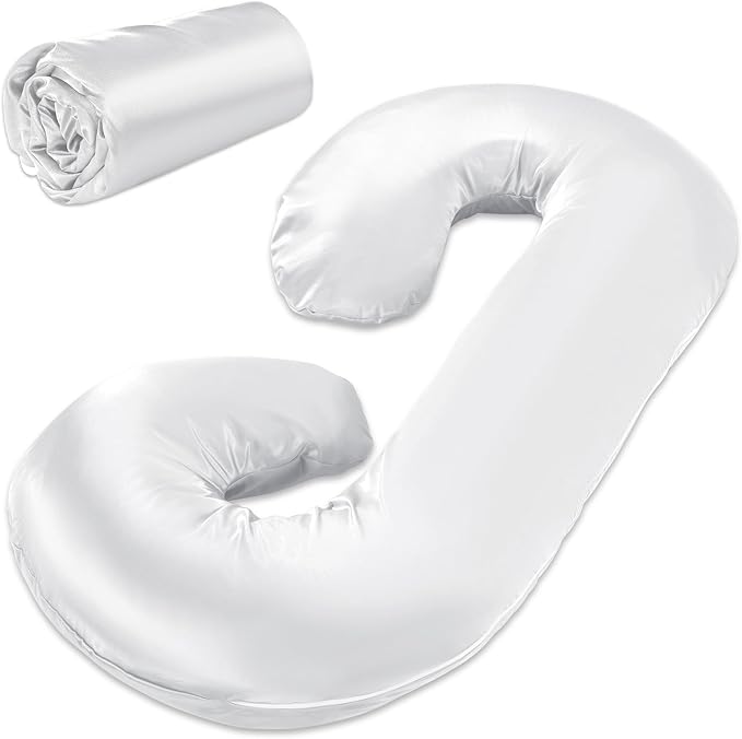 HOMBYS Silky Satin Pregnancy Pillow Cover (ONLY Pillowcase), Luxurious Smooth Maternity Pillow Cover, C Shaped Soft & Breathable Large Pillow Protector for Side Sleeper, 60.2" L x 34.2" W, White