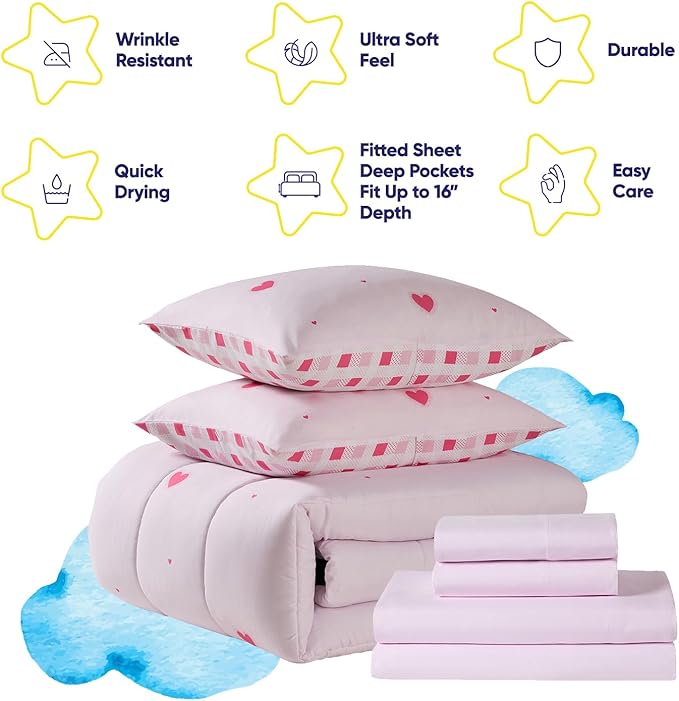 Heart Comforter Set Full Size for Girls – Soft Pink Bed in a Bag with Sheets, Pillowcases & Shams – Cute Kids Bedding with Love Hearts Design – Cozy Microfiber for Child or Tween Bedroom Decor