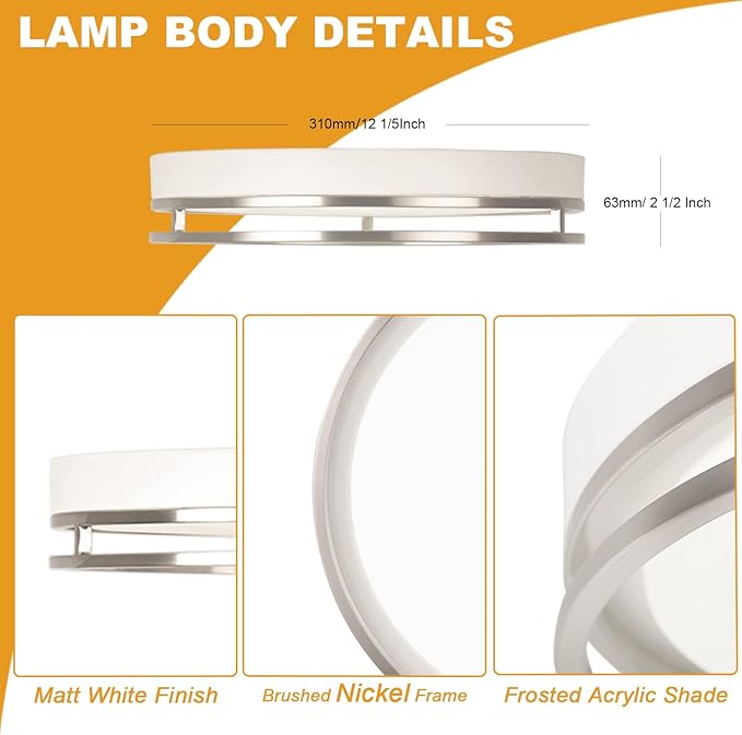 12.5 Inch LED Flush Mount Ceiling Light Fixture, 26W, Super Bright 1700 Lumens, 3 Color 3000K/4000K/5000K, Dimmable Ceiling Lamp for Bedroom Hallway Bathroom Kitchen Laundry (White Nickel)