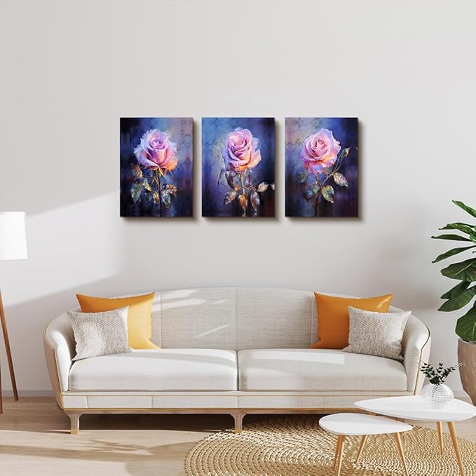 DZRWUBHS Floral Canvas Wall Art Painting Wall Decor for Bedroom Living Room Wall Pictures Modern Office Wall Decorations Rose Flowers Vintage Posters Minimalist Aesthetic Home Decor Artworks 3 Piece