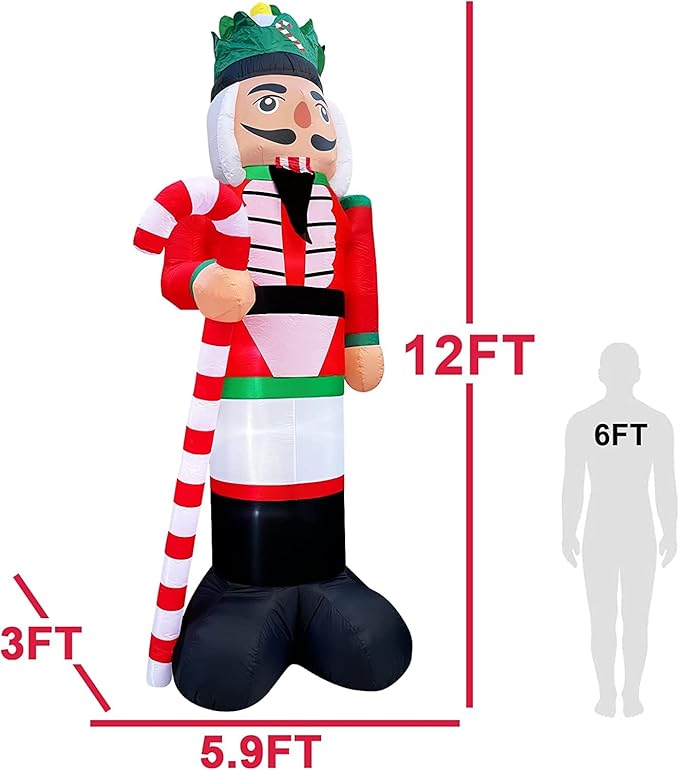 12 Ft Giant Christmas Inflatables Nutcracker Soldier Build in LED Lights, Outdoor Xmas Decoration, Blow Up Nutcracker for Square Lawn Garden Patio Holiday Party Decor