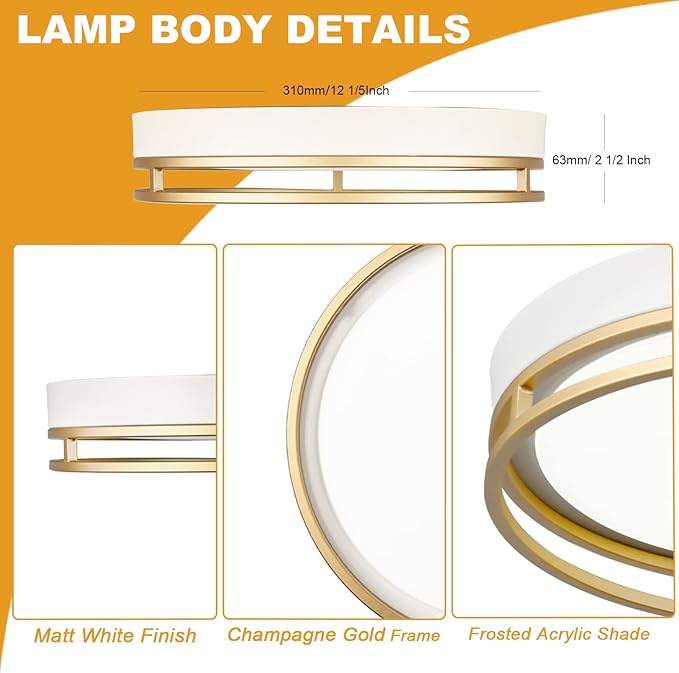 12.5 Inch LED Flush Mount Ceiling Light Fixture, 26W, Super Bright 1700 Lumens, 3 Color 3000K/4000K/5000K, Dimmable Ceiling Lamp for Bedroom Hallway Bathroom Kitchen Laundry (White Gold)