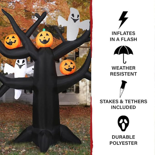 Haunted Hill Farm 8-Ft. Inflatable Spooky Halloween Tree with Ghosts, Pumpkins and LED Lights | Festive Holiday Blow-Up Decorations | Blower, Ropes, and Stakes Included | HISPKYTREE081-L