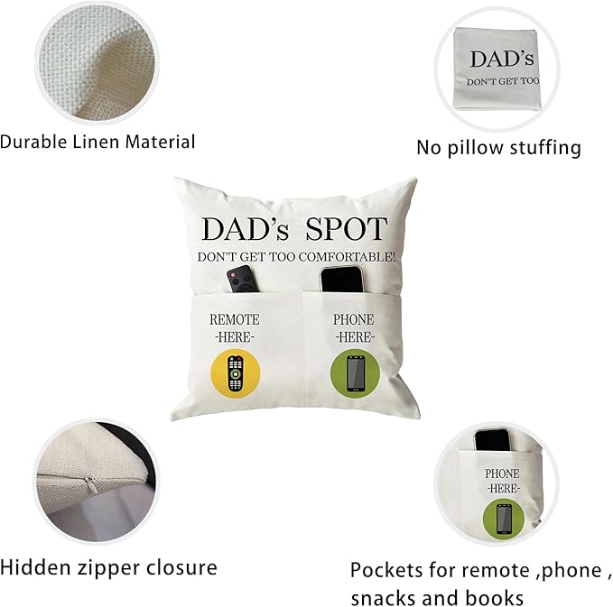 Father's Day Throw Pillow Case, Dad's Spot Throw Pillow Covers 18 x 18 Inch,Dad Gifts from Daughter Son,Birthday Christmas Thanksgiving Day Gifts for Papa Stepdad ,2-Pocket