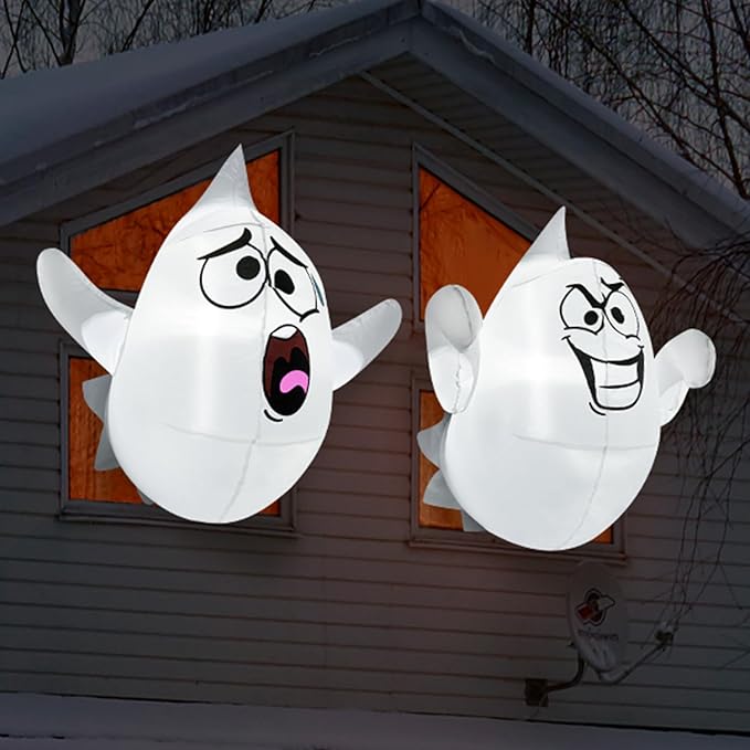 Joiedomi 2 Pcs Halloween Inflatables Outdoor Decorations, Halloween Blow Ups Ghost with Built-in LEDs, Cute Window Inflatable Ghost for Window Decorations